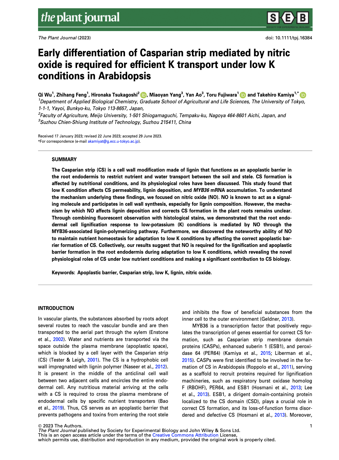 2023 2023 Early  differentiation  of  Casparian  strip  mediated  by  nitric  oxide  is  required  forefficient K transport under low K conditions in Arabidopsis.png